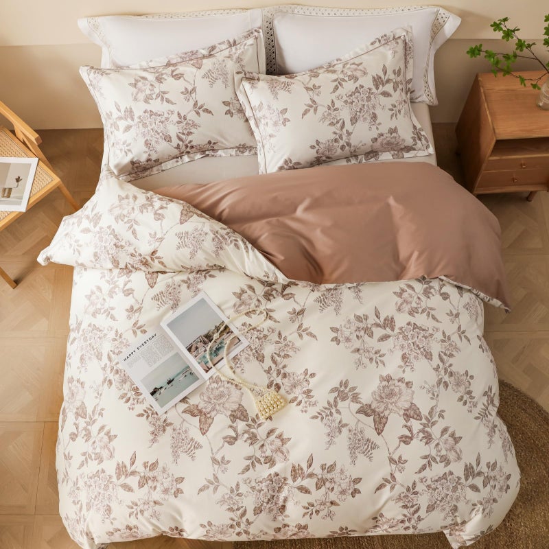 OAITE Duvet Cover Set Queen Size Floral Pattern 600 Thread Count Ultra Soft 100% Long Staple Cotton Duvet Cover Sets 3-PC, Breathable Duvet Cover with Zipper Closure & Corner Ties - Image 3