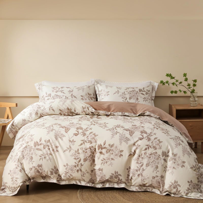 OAITE Duvet Cover Set Queen Size Floral Pattern 600 Thread Count Ultra Soft 100% Long Staple Cotton Duvet Cover Sets 3-PC, Breathable Duvet Cover with Zipper Closure & Corner Ties - Image 1