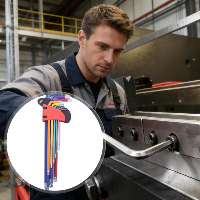 9-Piece Allen Wrench Set with Ball End, Steel, Metric Sizes, Color Coded, Long Arm, Industrial Grade Hex Key Set - Image 1