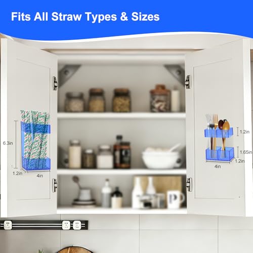BERBAM 2 PACK Small Acrylic Straw Holder for Cabinet Doors，Straw Organizer Storage with Most Sizes，Multi-Function Kitchen Accessories Container with Adhesive Round Pads(Blue) - Image 2