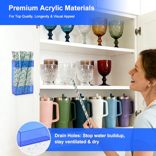 BERBAM 2 PACK Small Acrylic Straw Holder for Cabinet Doors，Straw Organizer Storage with Most Sizes，Multi-Function Kitchen Accessories Container with Adhesive Round Pads(Blue) - Image 3