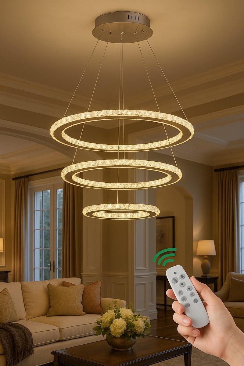 الثريات ثريا بتصميم فاخر وعصري يتكون من حلقات LED دائرية متدرجة،ثريا ب3 ألوان تمنح إضاءة ناعمة ومتوازنة مع لمسة فنية جذابة،مصنوعة من مواد عالية الجودة مع لمسات كرستالية،مثالية لغرفة المعيشة وغرفة الطعام مع ريموت تحكم عن بعد  - Image 2