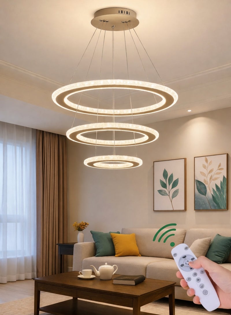 الثريات ثريا LED مودرن 3 حلقات دائرية – 3 ألوان إضاءة – ريموت كنترول – تصميم فاخر - Image 1
