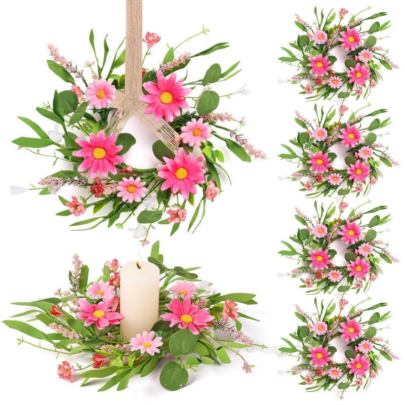 YLOLUL 6 Pcs Spring Summer Candle Rings Wreaths Mini Floral Kitchen Cabinet Wreaths Faux Pink Daisy Flowered Rings Wreath for Pillars Farmhouse Festival Wedding Celebrations Tabletop Decoration - Image 1