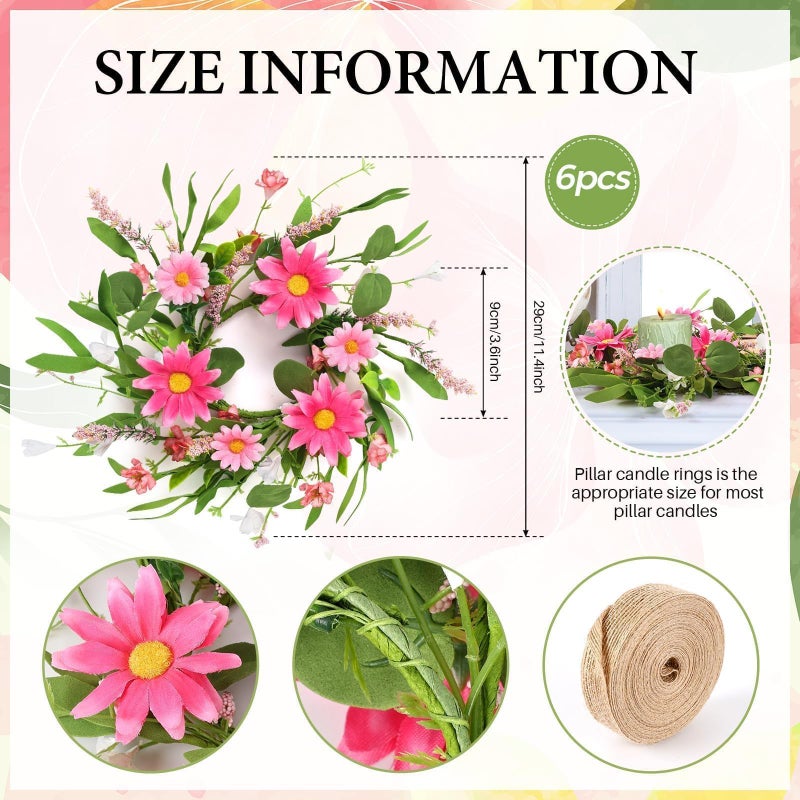 YLOLUL 6 Pcs Spring Summer Candle Rings Wreaths Mini Floral Kitchen Cabinet Wreaths Faux Pink Daisy Flowered Rings Wreath for Pillars Farmhouse Festival Wedding Celebrations Tabletop Decoration - Image 3
