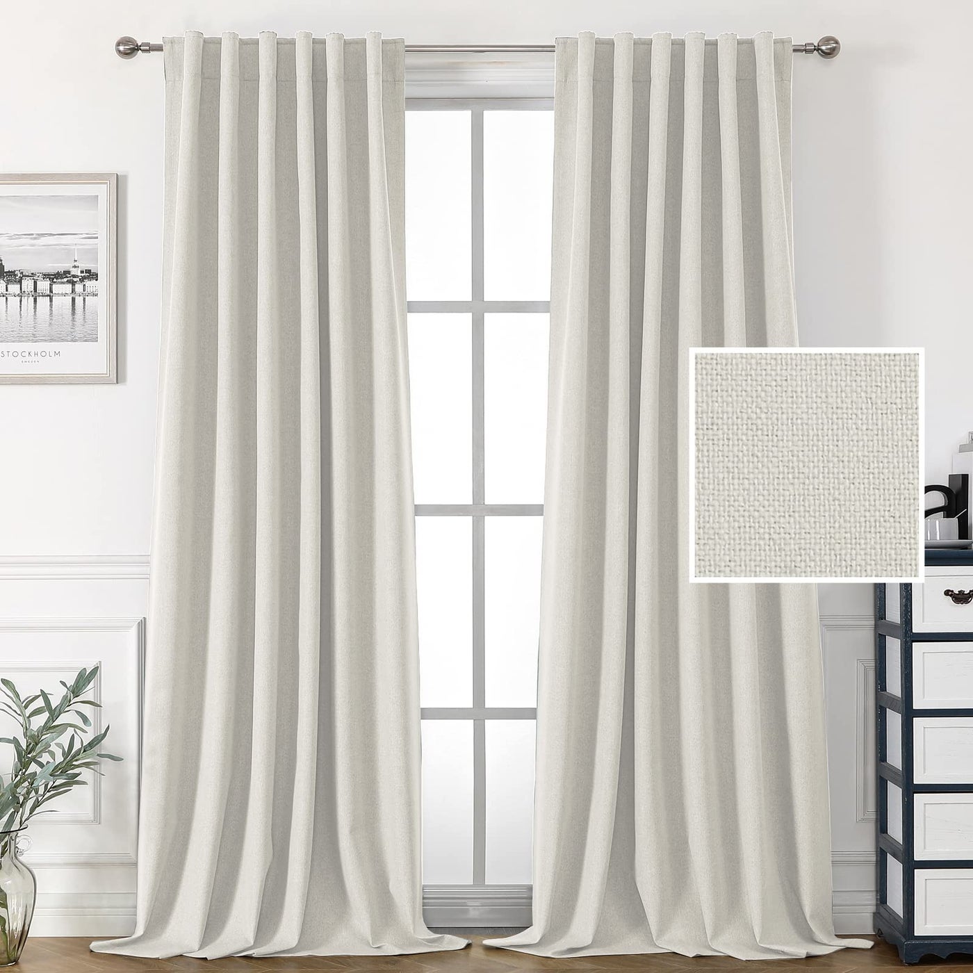 H.VERSAILTEX HVERSAILTEX 100 Blackout Linen Curtains for Bedroom 96 inch Light Blocking Drapes with Double Face Linen Back Tab Loop Pocket Textured Burlap Curtains for Living Room 2 Panels Heather Off