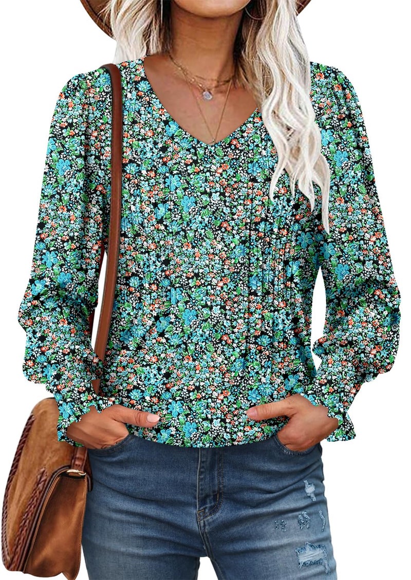 ROSELINLIN Tops for Women Fall Long Sleeve Shirts Bohemian Tops Painted Blue M - Image 4