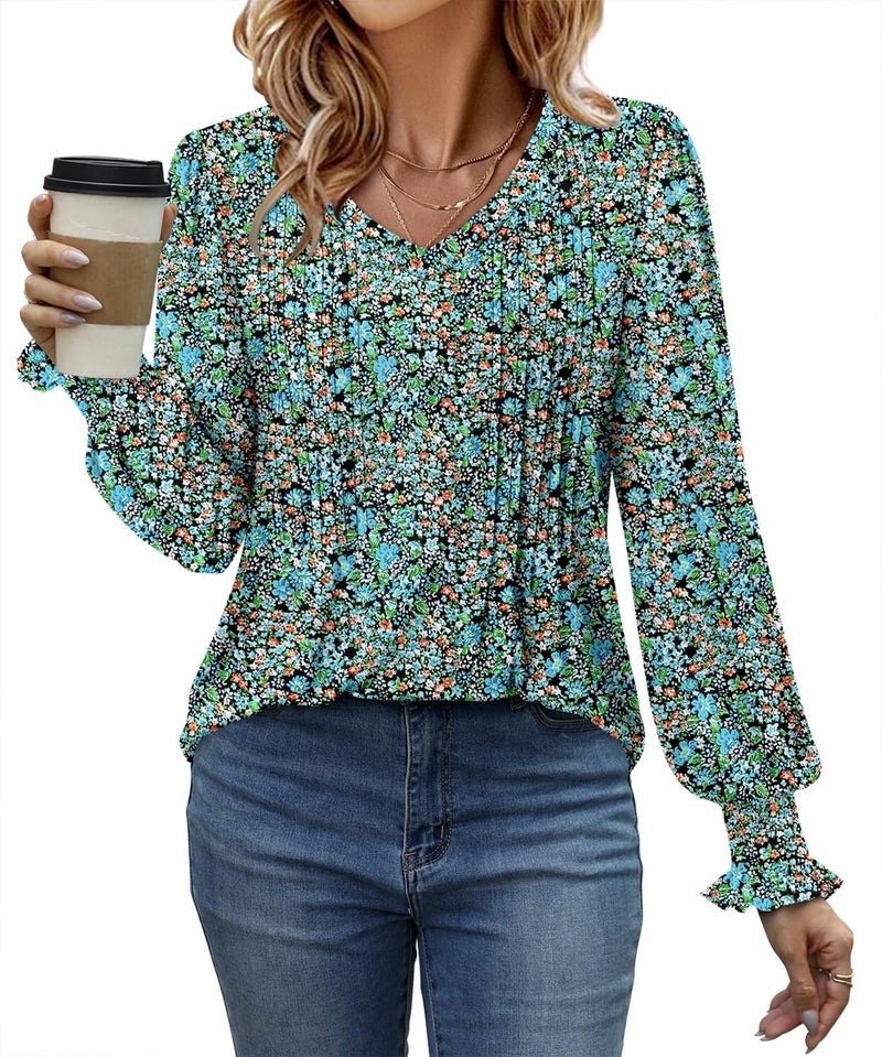 ROSELINLIN Tops for Women Fall Long Sleeve Shirts Bohemian Tops Painted Blue M - Image 2