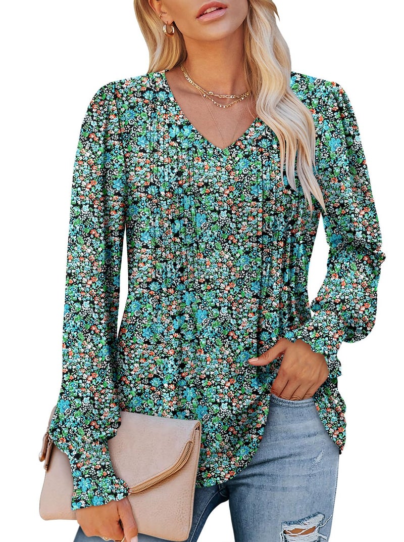 ROSELINLIN Tops for Women Fall Long Sleeve Shirts Bohemian Tops Painted Blue M - Image 1