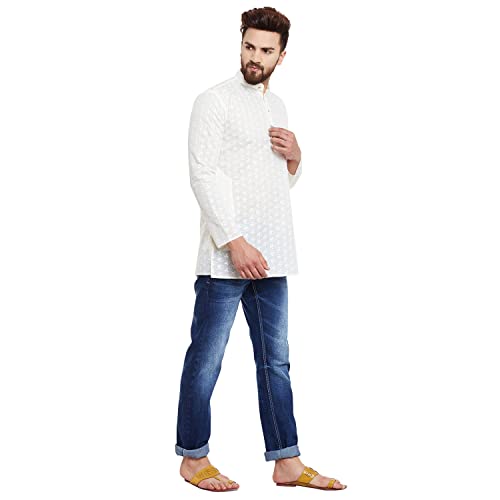 Sojanya (Since 1958 Short Kurta Men'S Tunic Henley Shirts Chikankari Cotton Ivory Medium Cream - Image 2