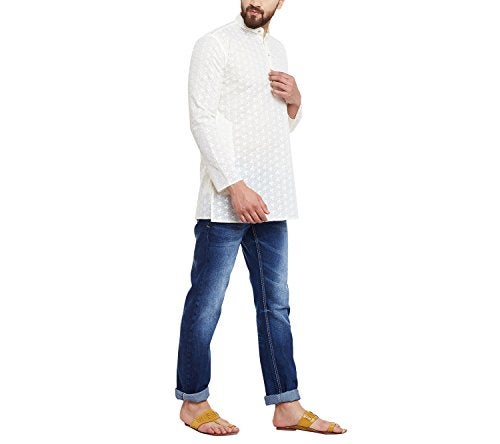 Sojanya (Since 1958 Short Kurta Men'S Tunic Henley Shirts Chikankari Cotton Ivory Medium Cream - Image 1