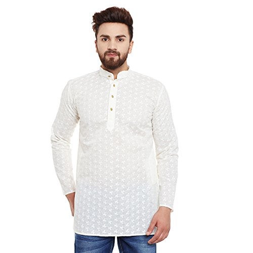 Sojanya (Since 1958 Short Kurta Men'S Tunic Henley Shirts Chikankari Cotton Ivory Medium Cream - Image 4