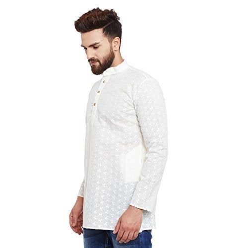 Sojanya (Since 1958 Short Kurta Men'S Tunic Henley Shirts Chikankari Cotton Ivory Medium Cream - Image 5