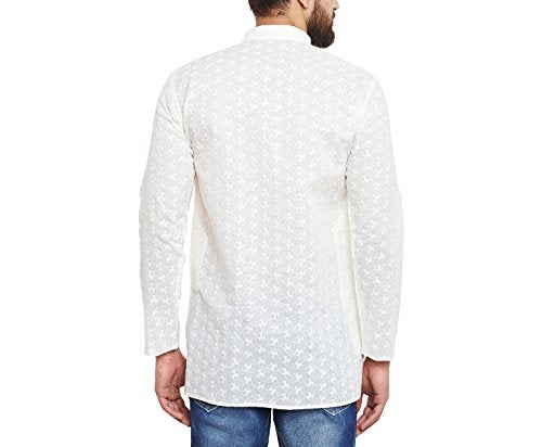 Sojanya (Since 1958 Short Kurta Men'S Tunic Henley Shirts Chikankari Cotton Ivory Medium Cream - Image 3