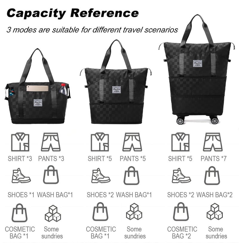 DOJUNS Expandable Foldable Duffel Bag Suitcases,Detachable Rolling Wheels,Rolling Duffle Bag with Wheels,Suitcase with Wheel,Carry on Luggage,Gift for Men Women Lightweight Suitcases (Black) - Image 2