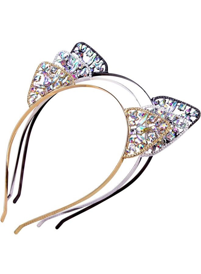 Bnikion Cat Ears Headband Rhinestone Cat Headbands Crystal Hair Hoop Women Girls Kids Party Decoration Headdress Cosplay Costume Headwear Halloween Makeup Handmade Headpiece Hair Band Hair Accessories 3 Pack - Image 1