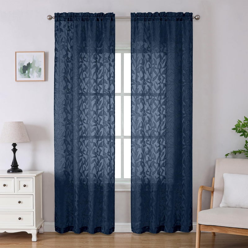 Lecloud Leia Jacquard مزخرف الستائر الزرقاء الشفافة 96 بوصة طويلة 2 لوحات الفرنسية الباب/غرفة المعيش - Image 1