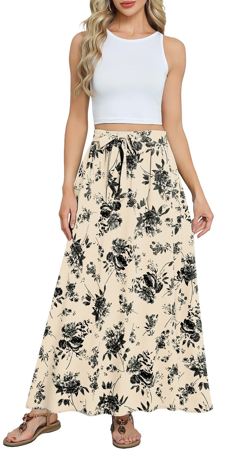 Askyes Womens Long Skirts Summer Beach Cute Flowy High Waisted Casual Dressy Maxi Skirts with Pockets,White Floral,L - Image 3