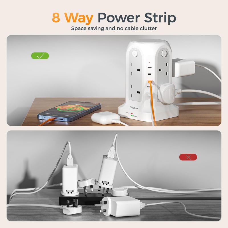 تيسان TESSAN Tower Extension Lead 10M with 5 USB Slots, 8 Way Power Strip - Image 5