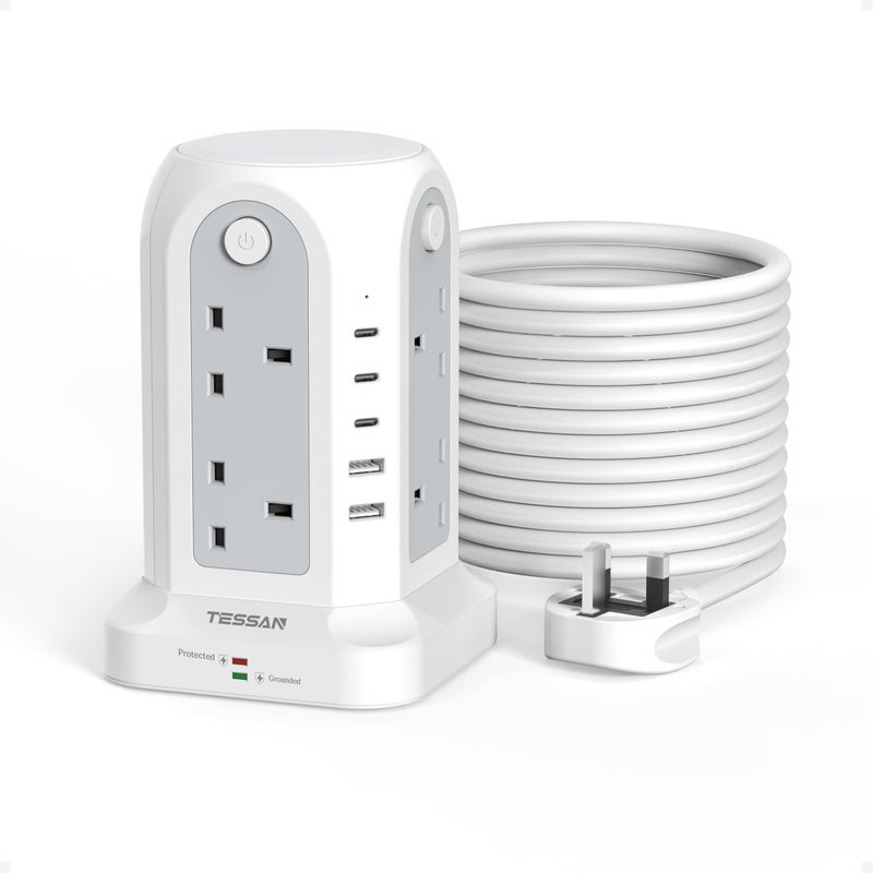 تيسان TESSAN Tower Extension Lead 10M with 5 USB Slots, 8 Way Power Strip - Image 1
