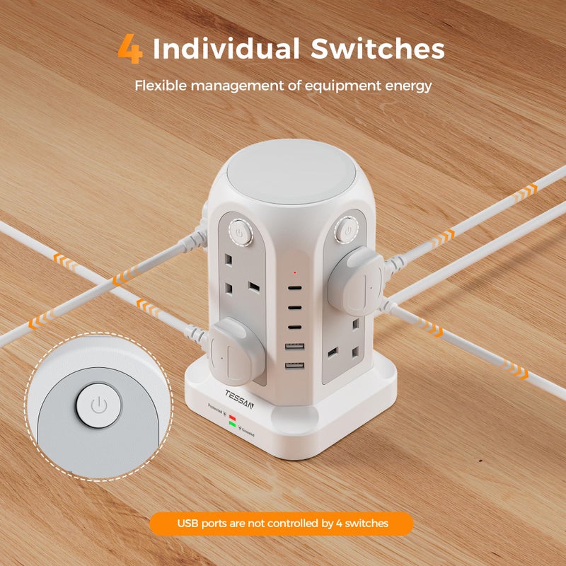 تيسان TESSAN Tower Extension Lead 10M with 5 USB Slots, 8 Way Power Strip - Image 2