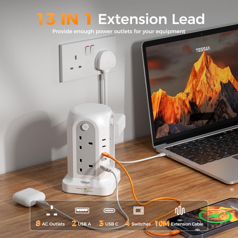 تيسان TESSAN Tower Extension Lead 10M with 5 USB Slots, 8 Way Power Strip - Image 3
