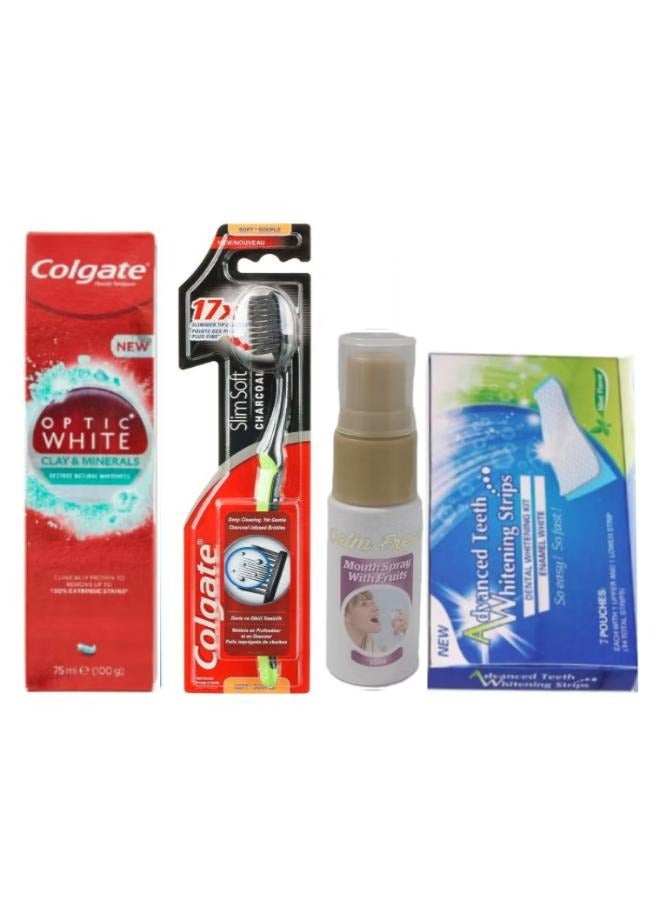 Colgate Optic White toothpaste is rich in minerals and clay for restoring the natural whiteness of teeth, 75 ml, along with a multicolor Colgate Slim Soft toothbrush with charcoal, in addition to a package containing 7 strips for teeth whitening with an advanced formula, along with a calm Fresh mouth spray in fruit flavor, 15 ml. - Image 1