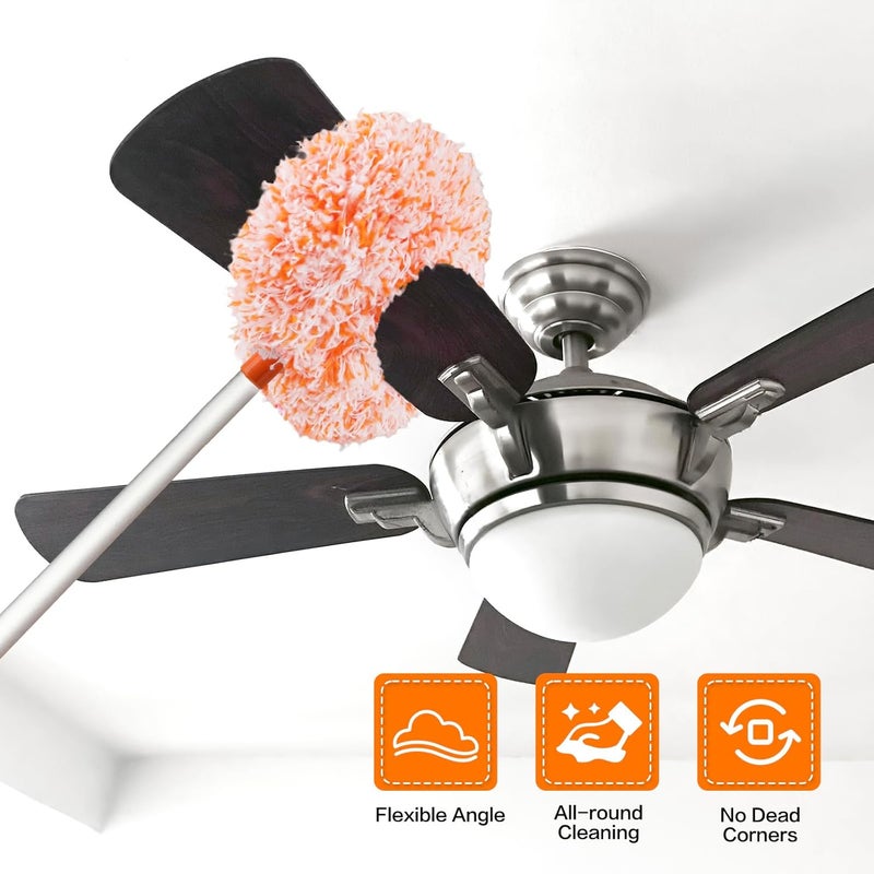 Heonay Ceiling Fan Cleaner Duster Reusable Microfiber Ceiling Fan Blade Cleaner Removable Duster with Extension Pole Adjusts 13 to 49.7 Inch for Cleaning Walls Furniture Door Window Top (Orange White) - Image 2