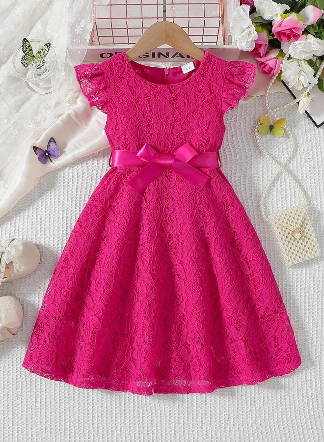 Take Two Take Two Lace Round Neck Bow Detail Ruffle Hem Knee Length Dress