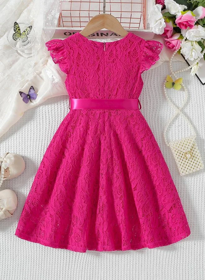 Take Two Take Two Lace Round Neck Bow Detail Ruffle Hem Knee Length Dress