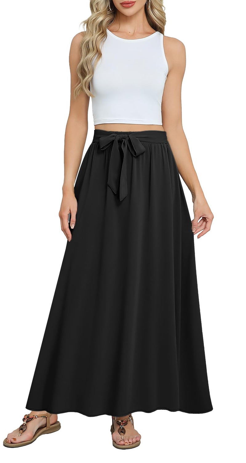Askyes Womens Black Maxi Skirts Elastic High Waisted Tie Knot Casual Flowy Beach Boho Long Skirts with Pockets,L - Image 3