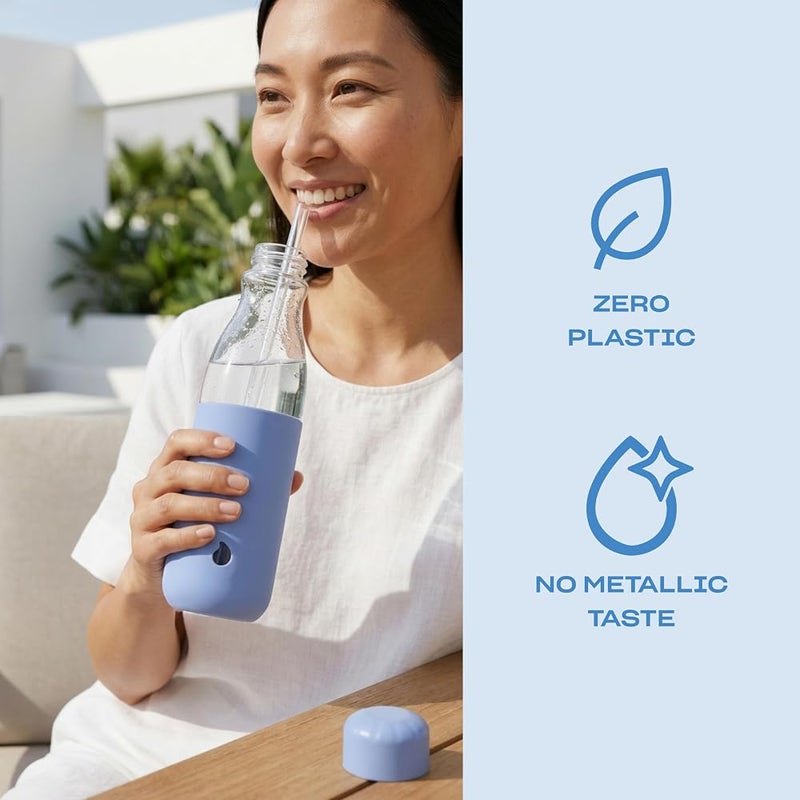 S'well Glass Original Water Bottle With Straw, 18oz, Chambray, Borosilicate Glass Bottle With Collapsible Glass Straw And Silicone Sleeve, Zero Plastic, Leakproof, BPA Free - Image 1