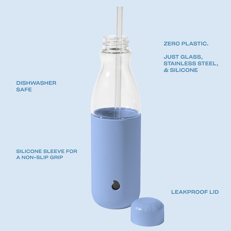 S'well Glass Original Water Bottle With Straw, 18oz, Chambray, Borosilicate Glass Bottle With Collapsible Glass Straw And Silicone Sleeve, Zero Plastic, Leakproof, BPA Free - Image 2