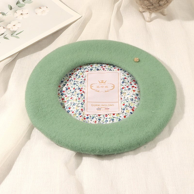 Korean Fever Precious Small Gold Buckle Australian Wool Beret Hat Warm Woolen Painter Hat Winter Motorcycle Helmet Style Neck Wa Mint green