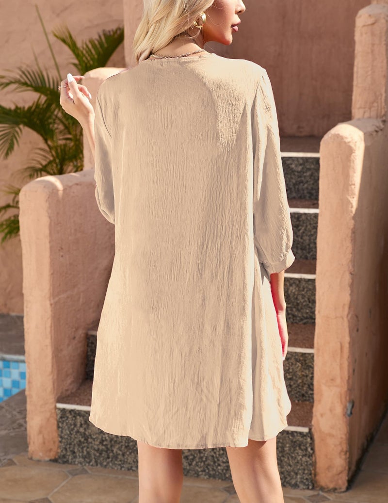 Yekaty Plus Size Kimono Cardigan 3/4 Sleeve Summer Lightweight Cardigans for Women Open Front Swim Cover Up Beige Shawl - Image 3