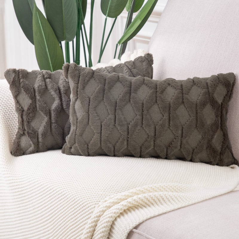 MADIZZ Set of 2 Soft Plush Short Wool Velvet Decorative Throw Pillow Covers 12x20 inch Dark Taupe Rectangular Luxury Style Cushion Cases Pillow Shell for Sofa Bedroom - Image 1
