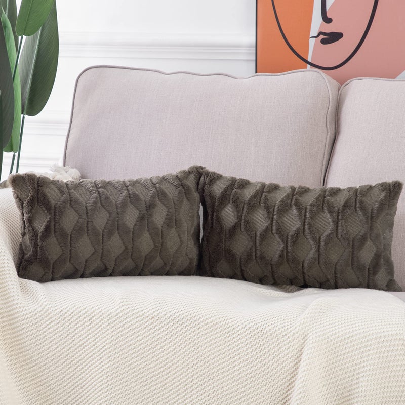 MADIZZ Set of 2 Soft Plush Short Wool Velvet Decorative Throw Pillow Covers 12x20 inch Dark Taupe Rectangular Luxury Style Cushion Cases Pillow Shell for Sofa Bedroom - Image 2