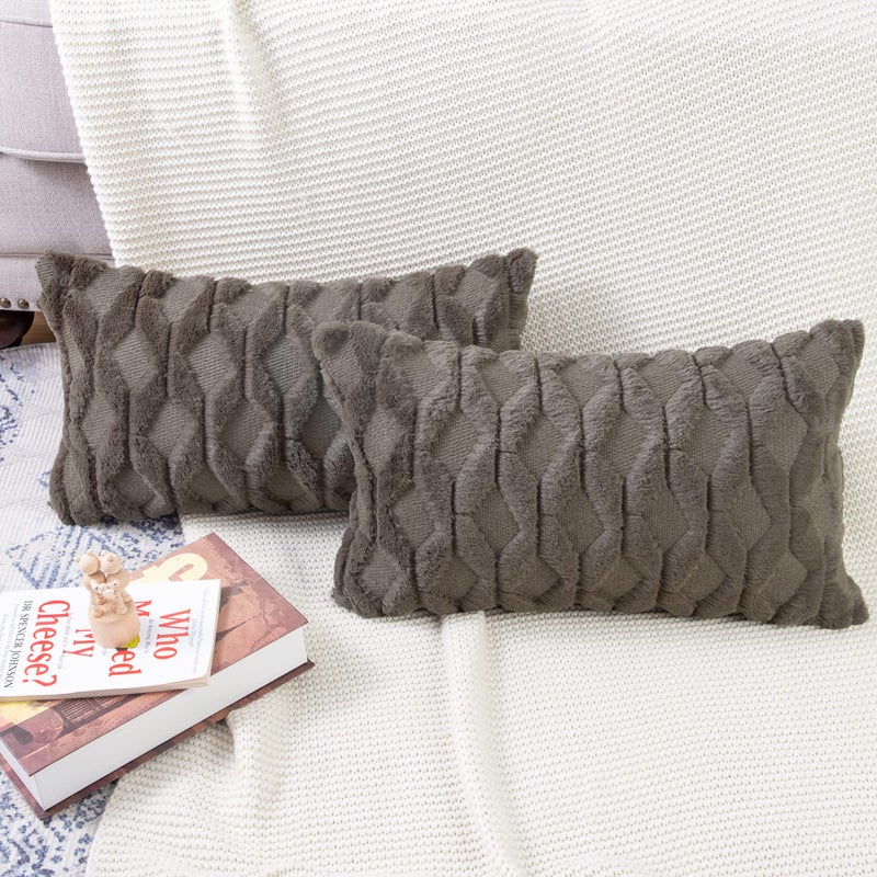 MADIZZ Set of 2 Soft Plush Short Wool Velvet Decorative Throw Pillow Covers 12x20 inch Dark Taupe Rectangular Luxury Style Cushion Cases Pillow Shell for Sofa Bedroom - Image 5