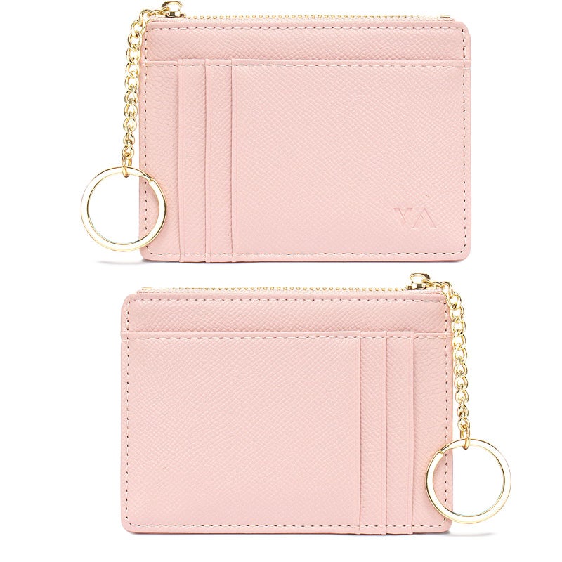 Valentoria Minimalist Small Leather Card Holder Pocket Wallet Womens Coin Purse Handbag (Pink) - Image 1