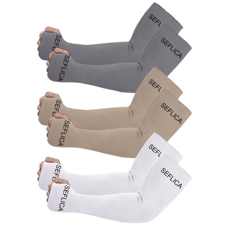 SEFLICA UV Sun Protection Cooling UPF 50 Compression Arm Sleeve for Men and Women With Thumb Hole, Arm Sleeves for Boys and Girls, For Tattoo Cover Up and Sports, 3 Pair - Grey, Skin And White - Image 1