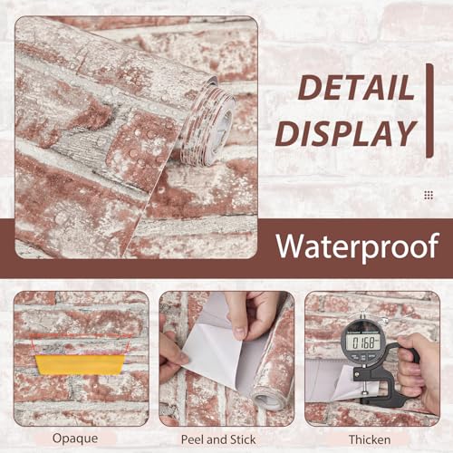 Sevalo Red Brick Wallpaper Peel and Stick Contact Paper for Wall 3D Faux Brick Contact Paper Self-Adhesive Removable Wallpaper for Bedroom Kitchen Backsplash Dorm Room Fireplace Accent17.3inW 78.7inL - Image 3