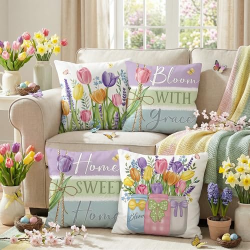 FUTBU Spring Throw Pillow Covers Set of 4, Spring Tulips Home Sweet Home Cushion Case, Bloom with Grace Colorful Decoration for Sofa Couch 18x18 Inch - Image 3
