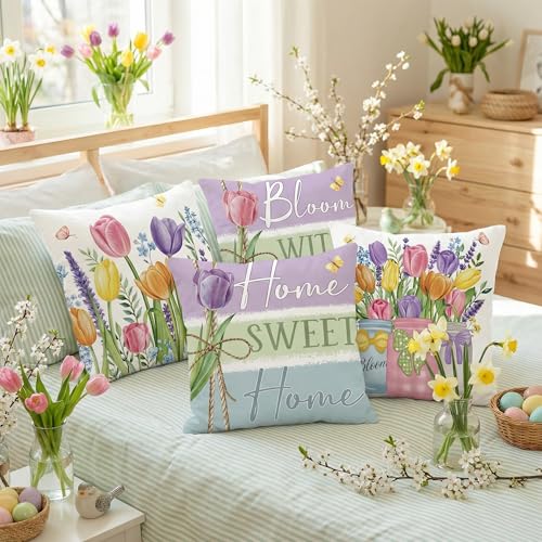 FUTBU Spring Throw Pillow Covers Set of 4, Spring Tulips Home Sweet Home Cushion Case, Bloom with Grace Colorful Decoration for Sofa Couch 18x18 Inch - Image 5