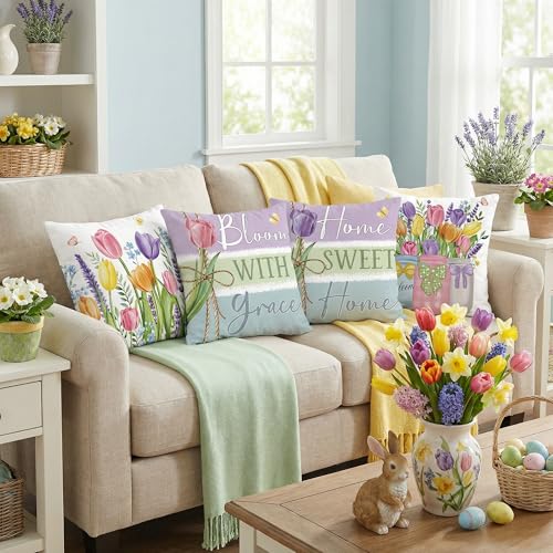 FUTBU Spring Throw Pillow Covers Set of 4, Spring Tulips Home Sweet Home Cushion Case, Bloom with Grace Colorful Decoration for Sofa Couch 18x18 Inch - Image 4