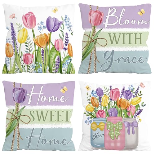 FUTBU Spring Throw Pillow Covers Set of 4, Spring Tulips Home Sweet Home Cushion Case, Bloom with Grace Colorful Decoration for Sofa Couch 18x18 Inch - Image 1