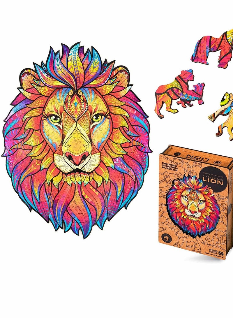 SYOSI Wooden Jigsaw Puzzles Mysterious Lion 140 pcs Small 7.5"x9.5" Beautiful Gift Package Unique Shape Best for Adults Kids - Image 1