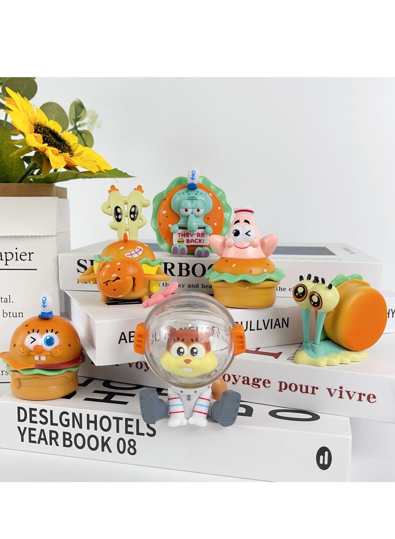 SpongeBob SquarePants Burger Party Figurines, Delicious Krabby Patty Cartoon Anime Dolls, Trendy Models for Desktop Decoration, 6 SpongeBob Characters, Packaged in Bags, PVC Material  - Image 1