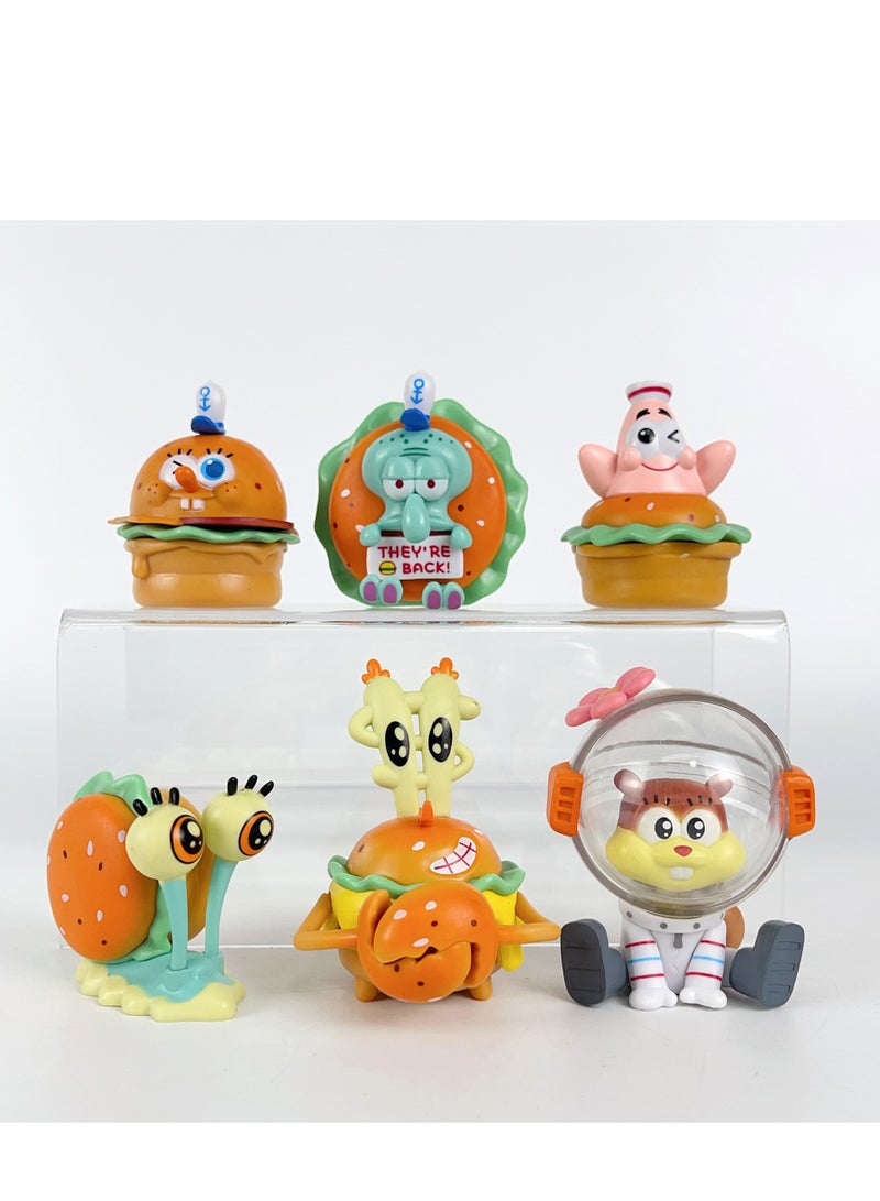 SpongeBob SquarePants Burger Party Figurines, Delicious Krabby Patty Cartoon Anime Dolls, Trendy Models for Desktop Decoration, 6 SpongeBob Characters, Packaged in Bags, PVC Material  - Image 2