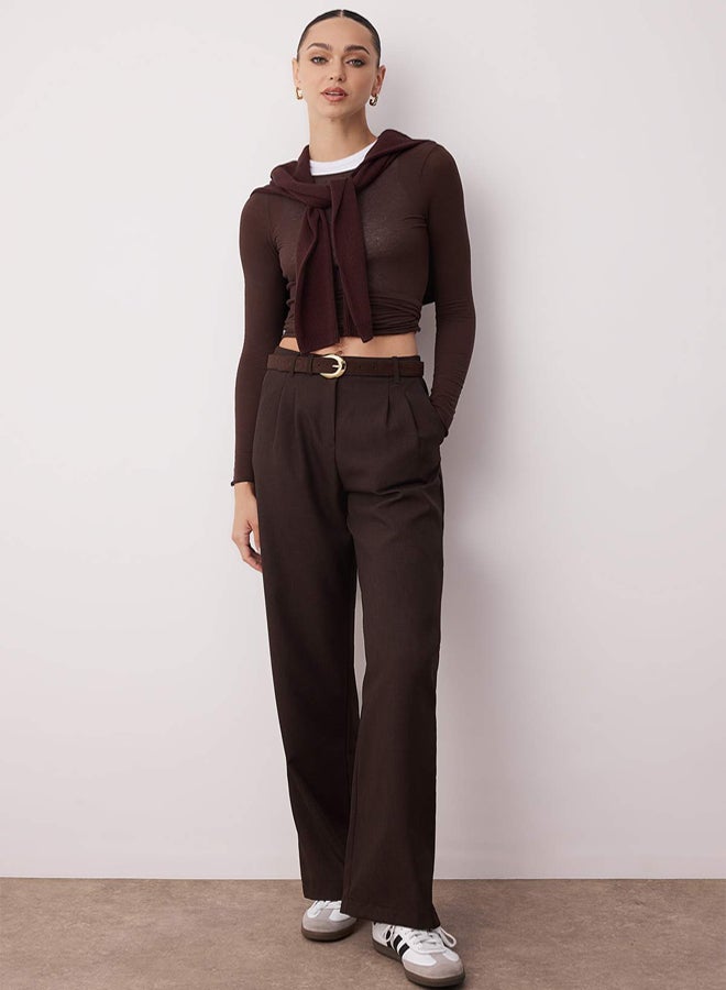 trendyol Brown Wide Leg Pleated Woven Fabric Trousers TWOAW22PL0475 - Image 1