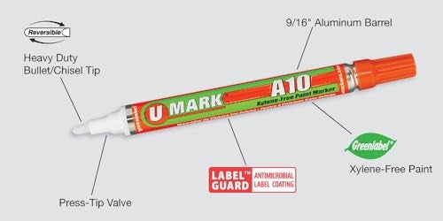 U-Mark Industrial Paint Marker, A10 6-pack Black/Blue/Red/White/Yellow/Orange 10150, Assortment pack, Permanent and marks on metals, plastic, wood, tile, porcelain - Image 3